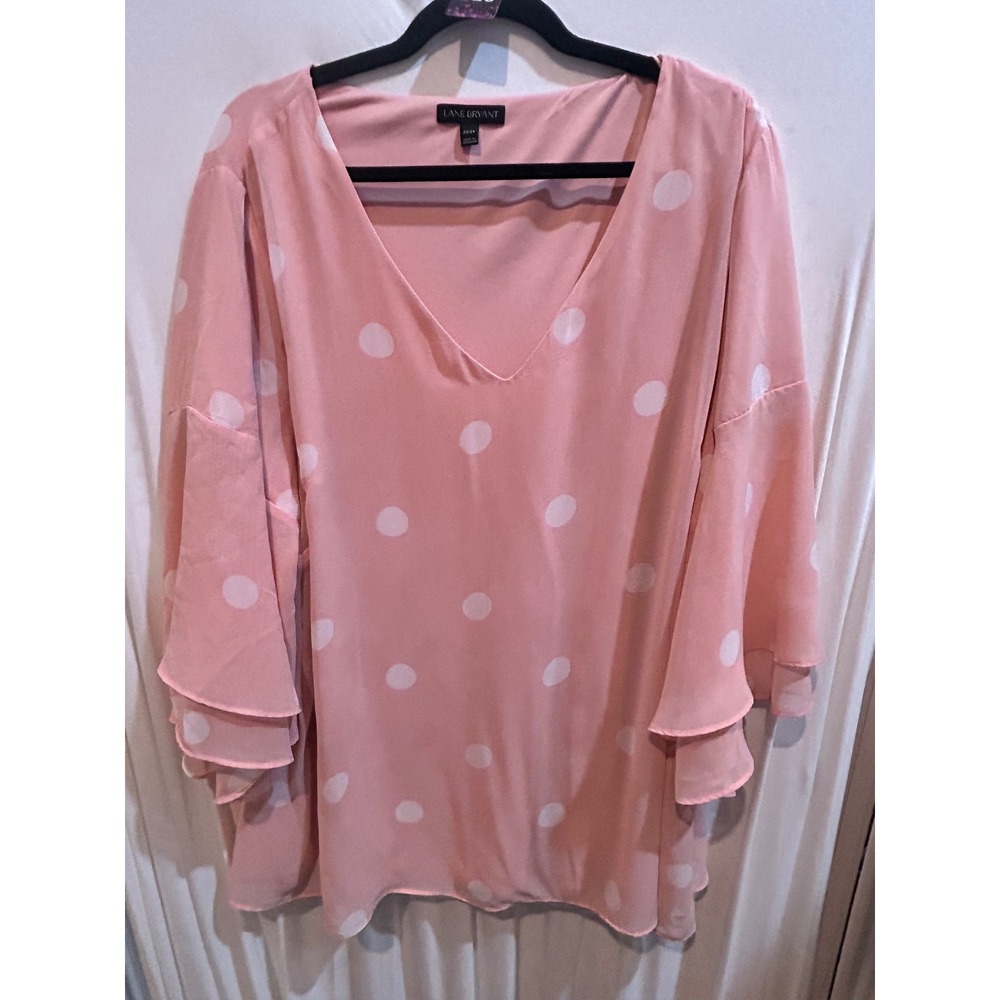Lane Bryant Plus Size Top 22/24 Pink White Polka Dot V Neck‎ Bell Long Sleeve